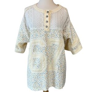 POL Number Floral Crochet Button Detail Half Sleeve Top